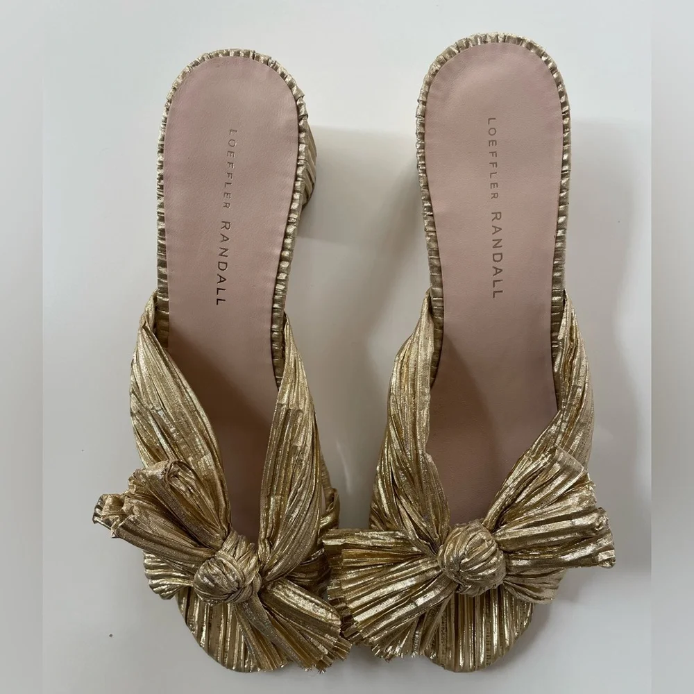 Loeffler Randall Metallic Gold Pleated Knot Block Heel Mules - Picture 2 of 6